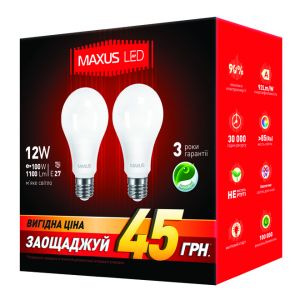 Светодиодная лампа Maxus 2-LED-335-01 А65 E27 12W (100W) 3000K 220V (2 шт)