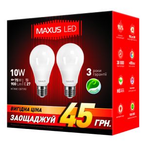Светодиодная лампа Maxus 2-LED-145-01 А65 E27 10W (75W) 3000K 220V (2 шт)