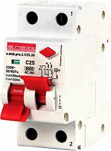 Дифференциальный автоматический выключатель E.NEXT,elcb.pro.2.С25.30 2p ,25A, С, 30mA c разделенной рукояткой